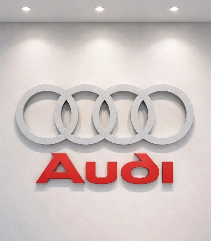 Audi marka araç logosu Strafor Malzeme ile üretilmiştir. Gri ve Kırmızı renk çift kat boya kullanılmıştır.