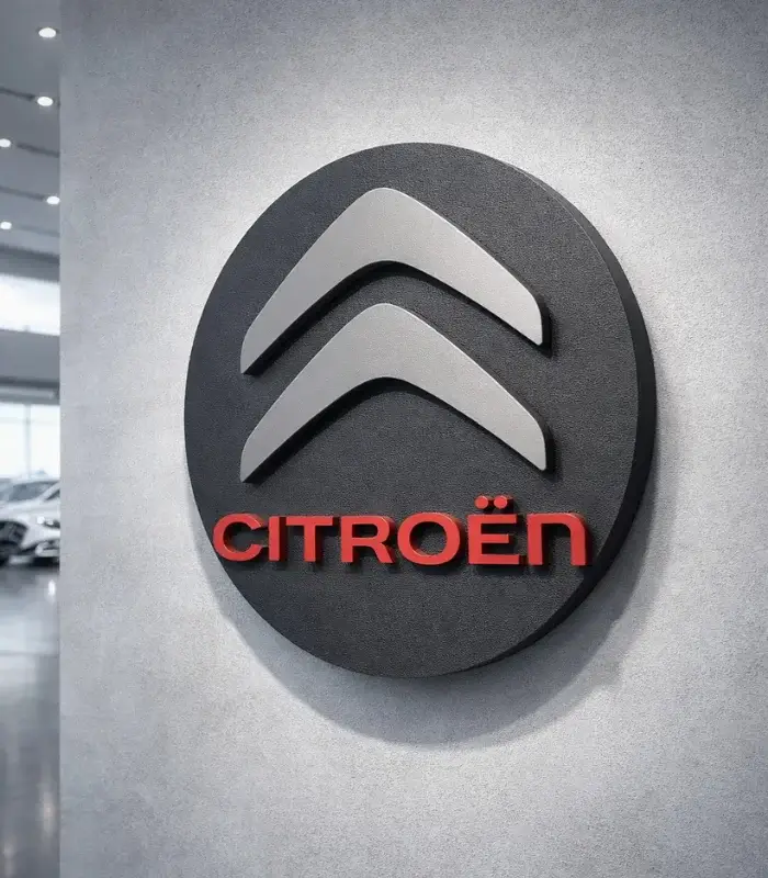 Citroen markalı araçlar için tasarlanmış Galeri Duvarında kullanımını gösteren Kırmızı ve Gri Renk Strafor Köpük Logo