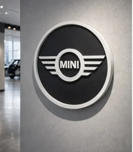 Mini Cooper markalı araçlar için tasarlanmış Galeri Duvarında kullanımını gösteren Siyah ve Beyaz Renk Strafor Köpük Logo