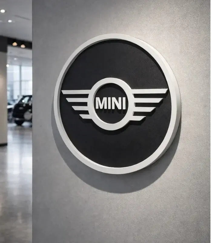 Mini Cooper markalı araçlar için tasarlanmış Galeri Duvarında kullanımını gösteren Siyah ve Beyaz Renk Strafor Köpük Logo