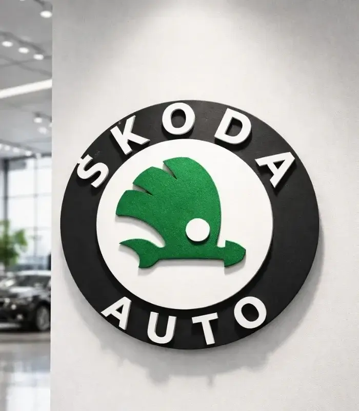 Skoda markalı araçlar için tasarlanmış Galeri Duvarında kullanımını gösteren Kırmızı ve Gri Renk Strafor Köpük Logo