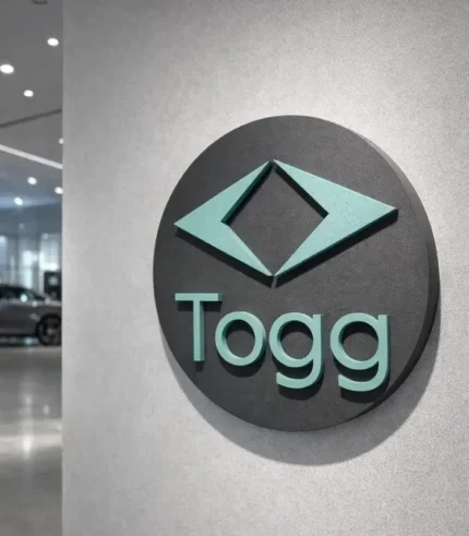 TOGG marka araçlar için üretilen Strafor Köpükten üretilen Siyah zemin Turkuaz detaylı logo